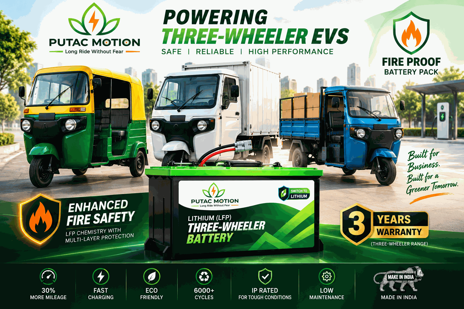 Conceptual LFP battery pack for passenger and cargo three-wheelers